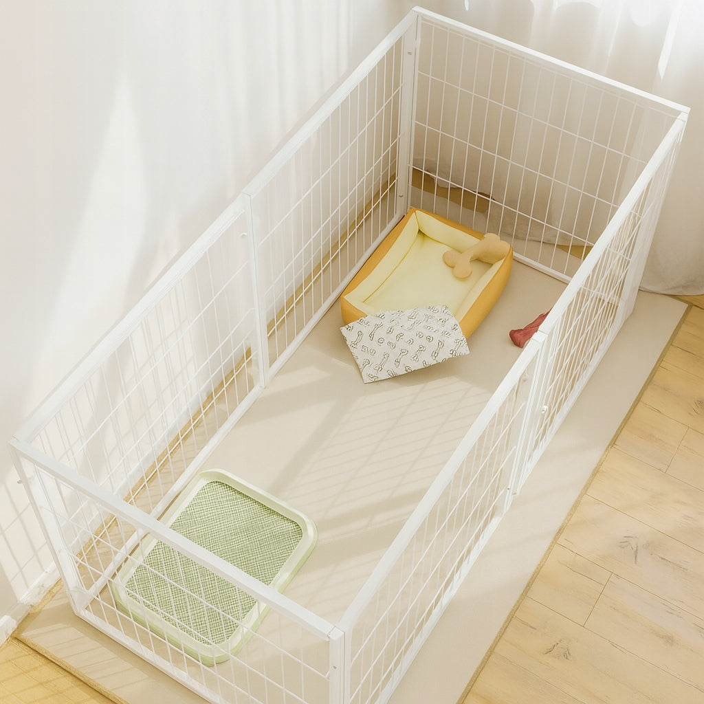 WHITE LOCKABLE PLAYPEN DOG CAGE MADE OF METAL, ENCLOSURE CORRAL 6 PANELS Packaging status original