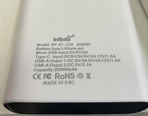 WHITE POWERBANK INFINITII 20000mAh 22,5W FAST CHARGING USB C/MICRO Packaging status original
