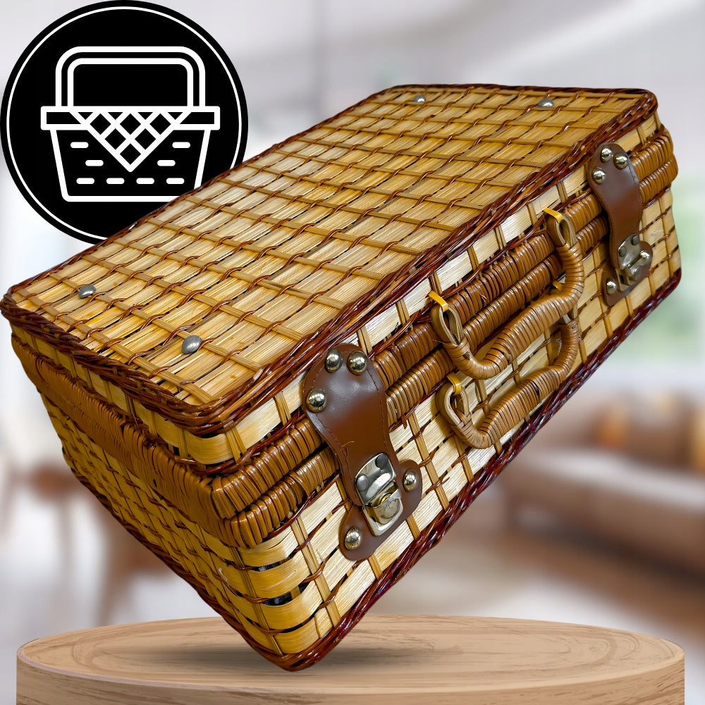 WICKER PICNIC BASKET SET FOR 4 PEOPLE TABLEWARE WITH CUTLERY PLATES Color brown