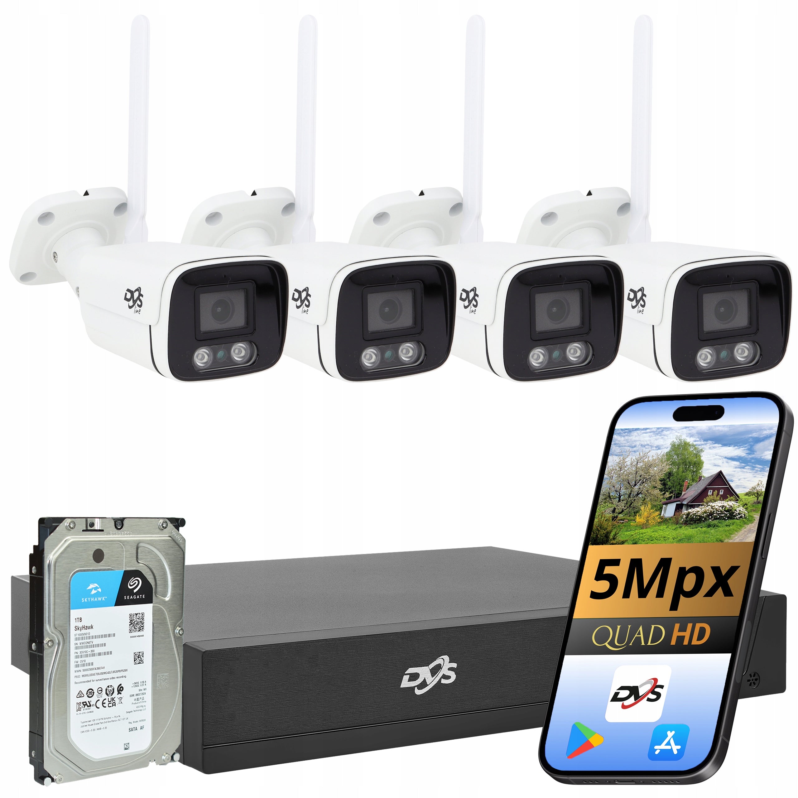 WIFI CAMERA KIT 4x 5MPX+DISK 1TB WHITE WIRELESS SURVEILLANCE TUBE