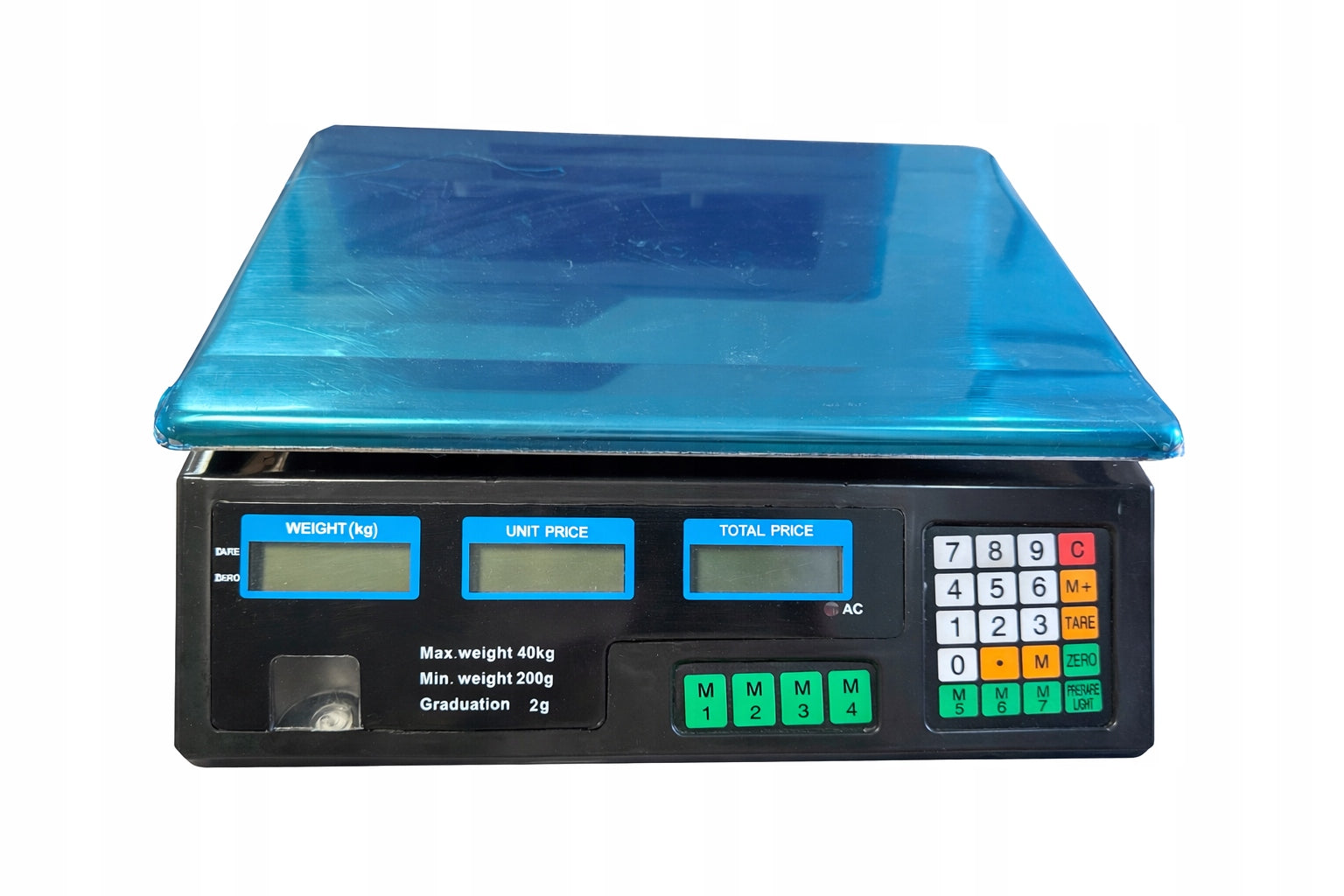WIRELESS Electric SCALE, LCD Display, Shop, 40kg, 2g Additional information auto-off option tare function LCD display back light built-in battery