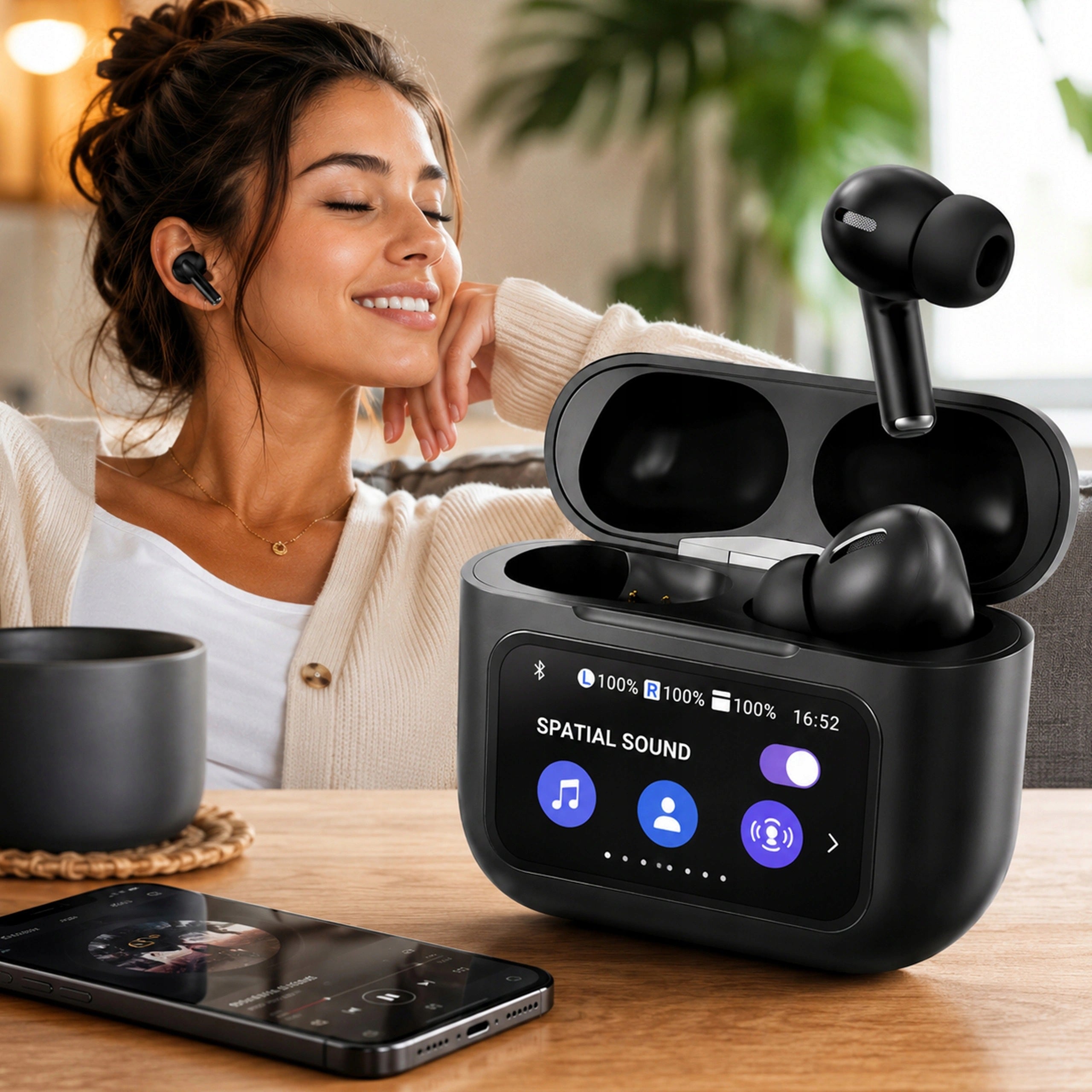 WIRELESS HEADPHONES Bluetooth 5.4 Case Touch LCD Screen Manufacturer code Słuchawki Bezprzewodowe TWS EQ14 czarne