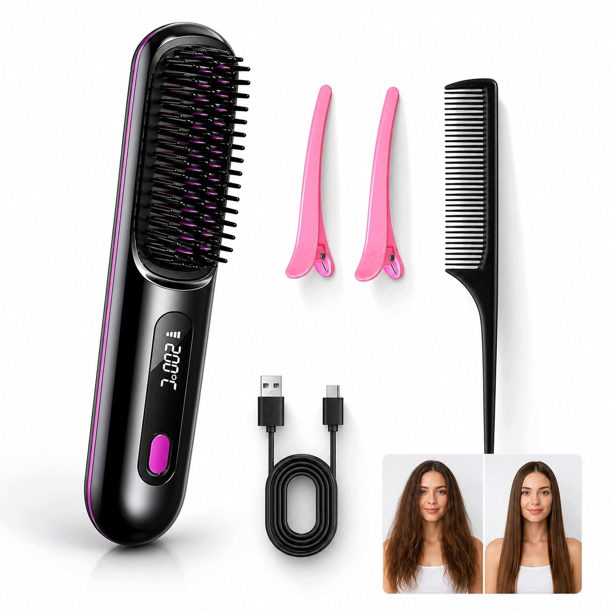 WIRELESS STRAIGHTENING BRUSH, MINI HAIR STRAIGHTENER, BLACK