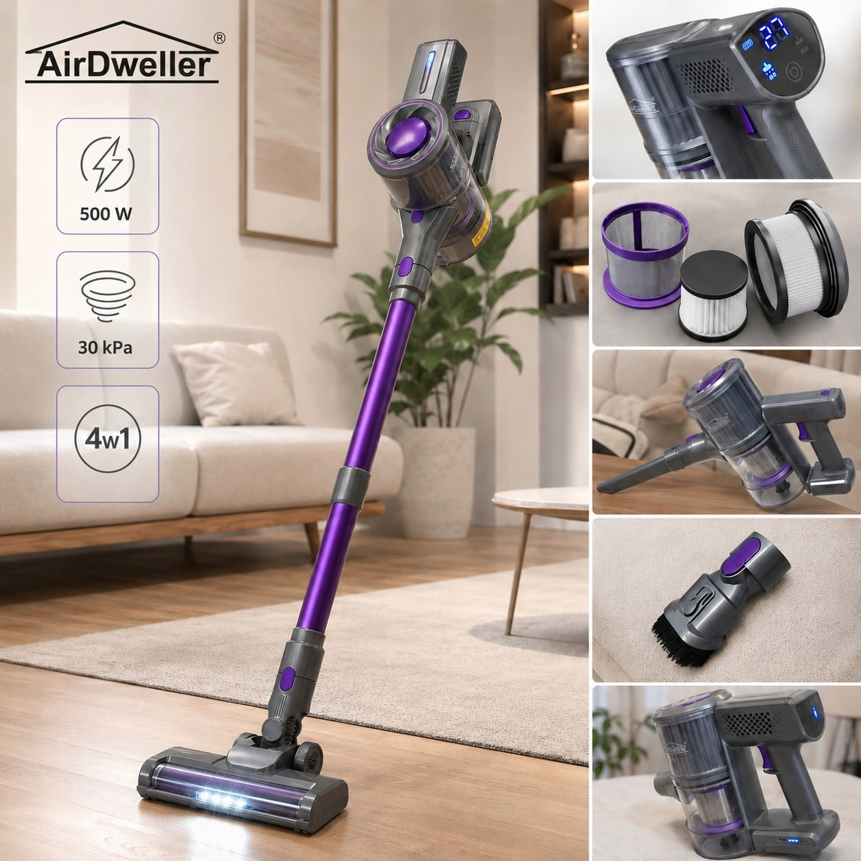 WIRELESS VACUUM CLEANER VERTICAL HANDHELD 4W1 500W 30kPa LED HEPA AIRDWELLER Packaging status original