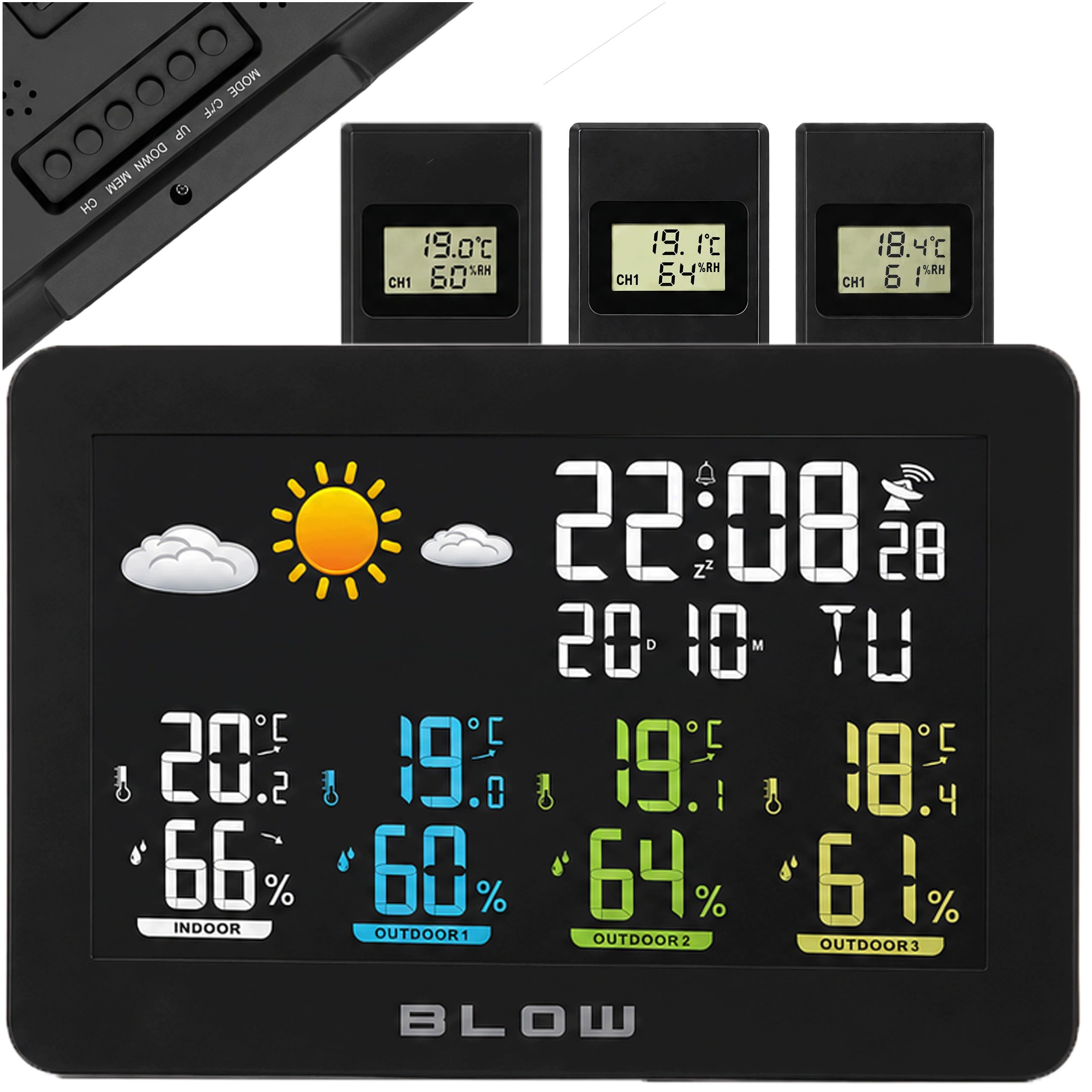 WIRELESS WEATHER STATION THERMOMETER HYGROMETER BAROMETER CLOCK 3 SENSORS