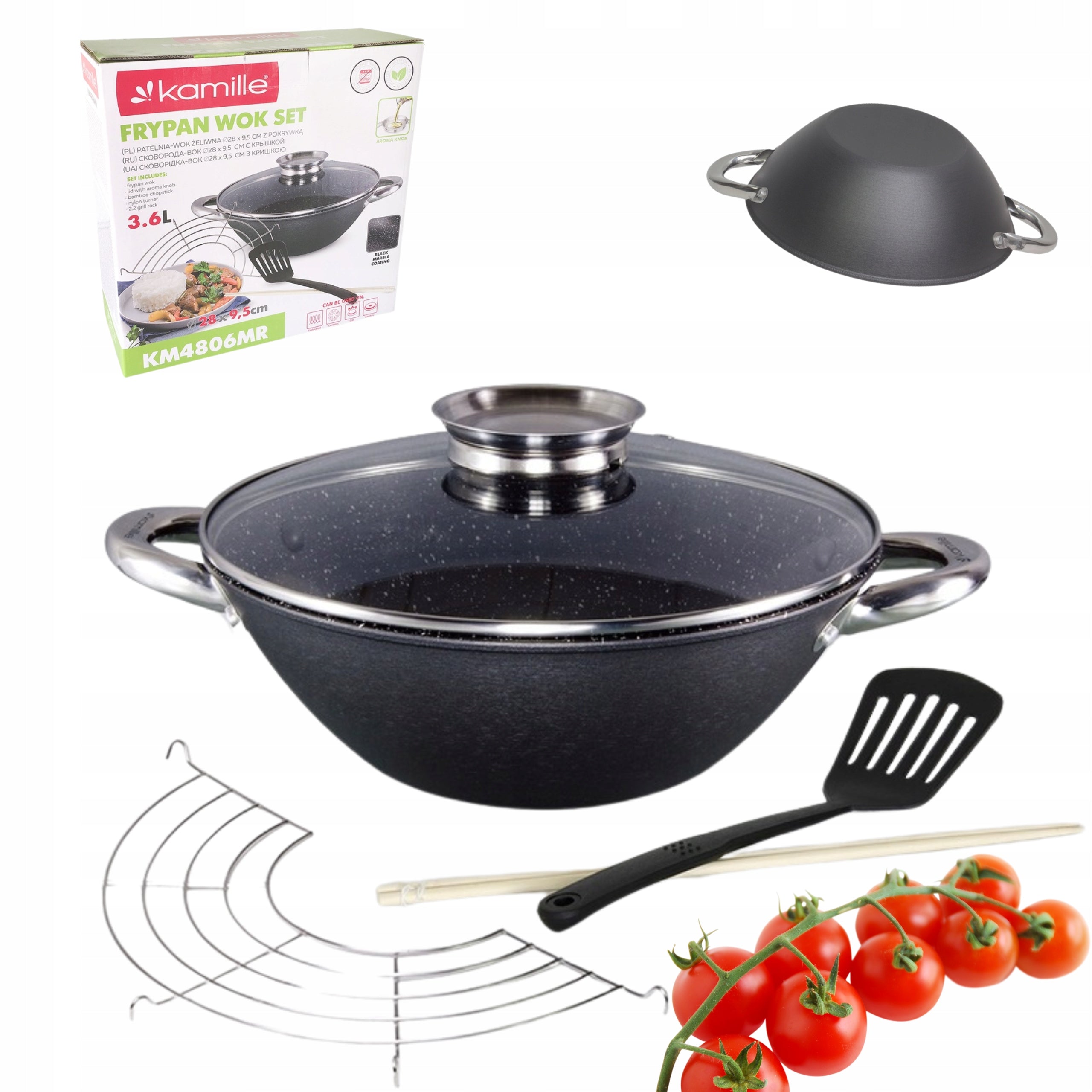WOK CAST IRON PAN 28cm Cover INDUCTION KAMILLE