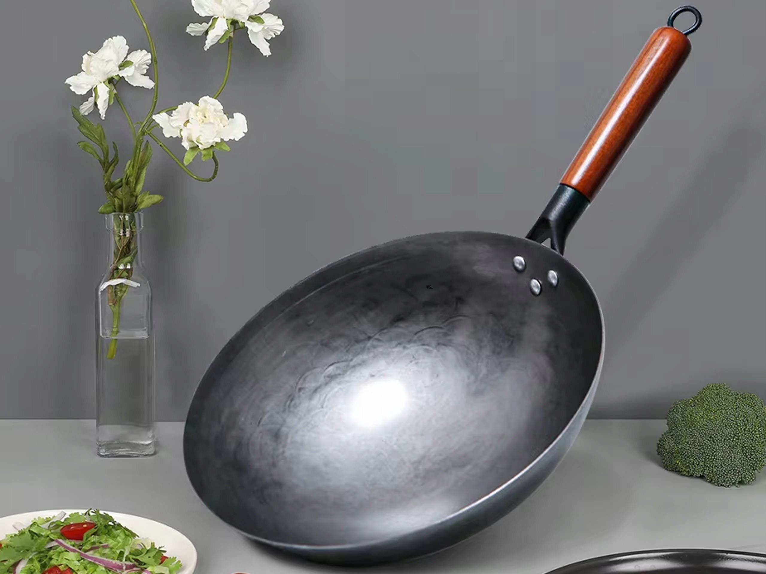 WOK CHINESE FORGED STEEL PAN DEEP CHINESE WOODEN HANDLE 32CM Brand Cleo Art