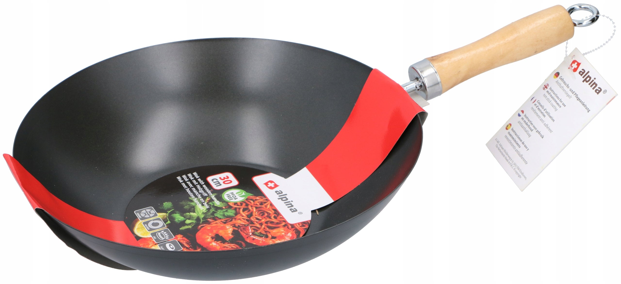 WOK PAN 30CM DEEP HANDLE WOOD DEEP Diameter 30 cm
