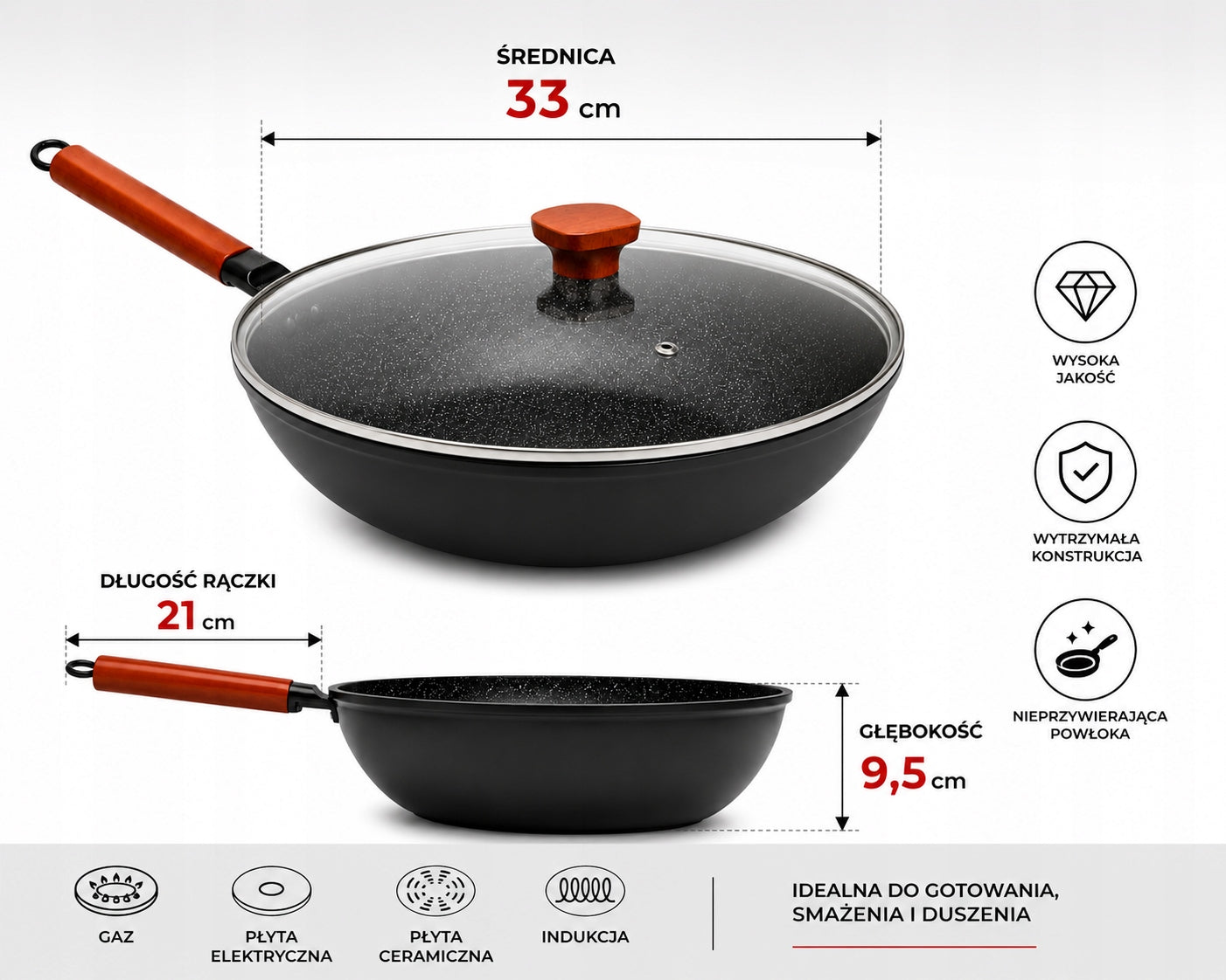 WOK PAN 33 CM WITH LID DEEP INDUCTION NON STICK FOR ASIAN DISHES Manufacturer code 5905399714949