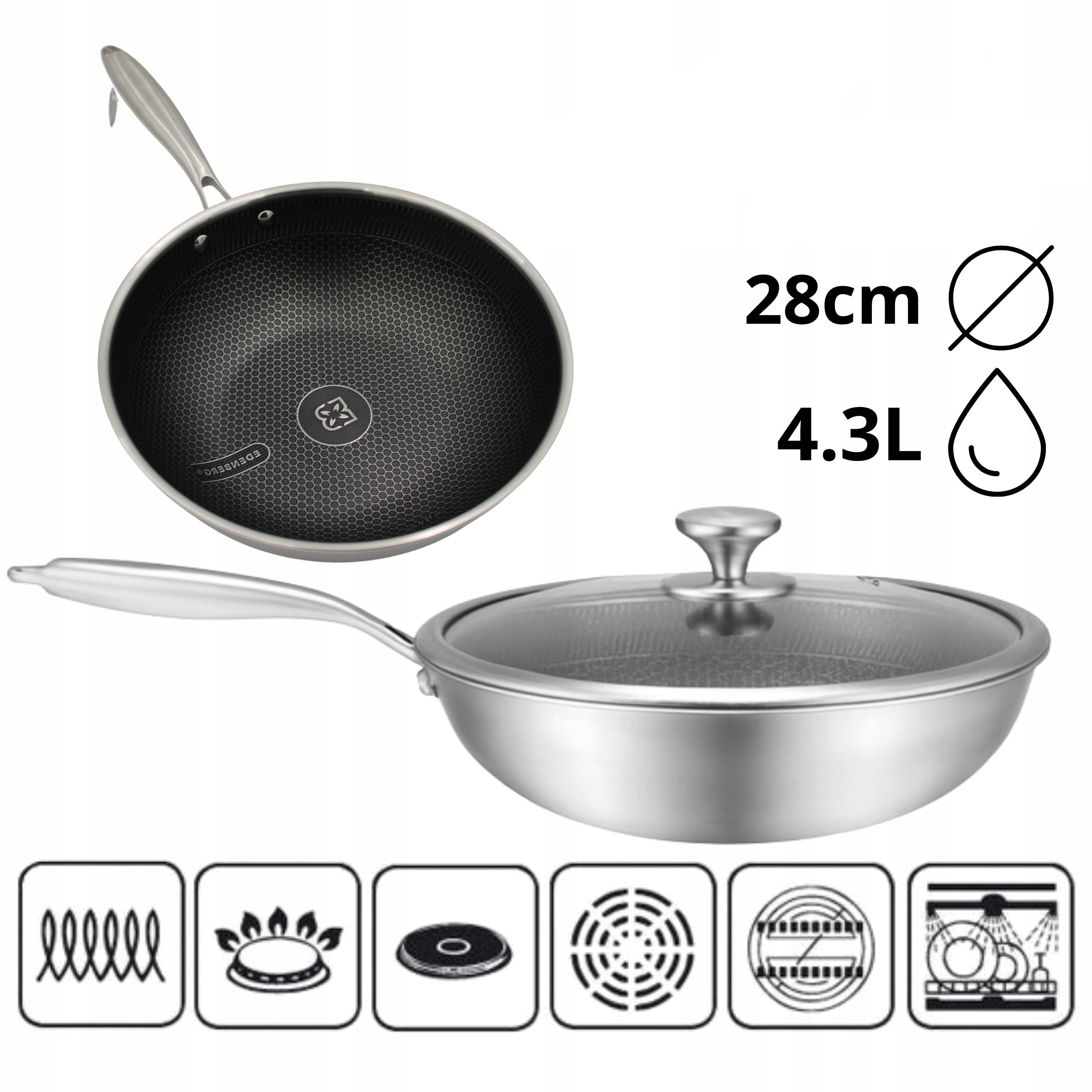 WOK PAN WITH LID 28cm HONEYCOMB STAINLESS STEEL GAS INDUCTION Manufacturer code PATELNIA WOK Z POKRYWĄ PLASTER MIODU 28cm