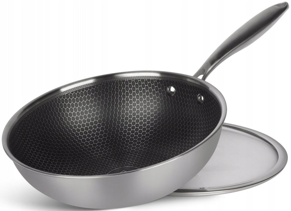 WOK PAN WITH LID 28cm HONEYCOMB STAINLESS STEEL GAS INDUCTION