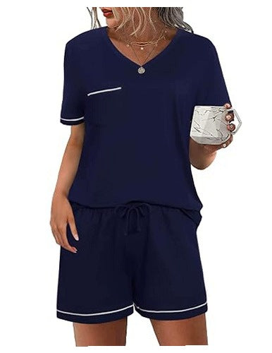 WOMEN'S PAJAMAS SHORT COTTON SUMMER LACE T-SHIRT PANTS POCKETS