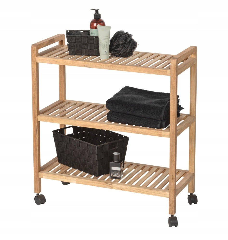 WOODEN BATHROOM RACK ON WHEELS SHELF FOR TOWELS COSMETICS 3 LEVELS Furniture color walnut
