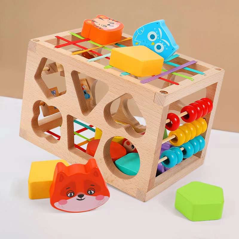 WOODEN BLOCK SORTER FLEXIBLE SENSORY CUBE MONTESSORI RUBBER BANDS 12 EAN (GTIN) 5904158315229