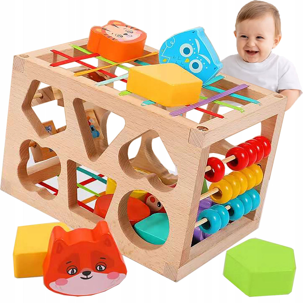 WOODEN BLOCK SORTER FLEXIBLE SENSORY CUBE MONTESSORI RUBBER BANDS 12