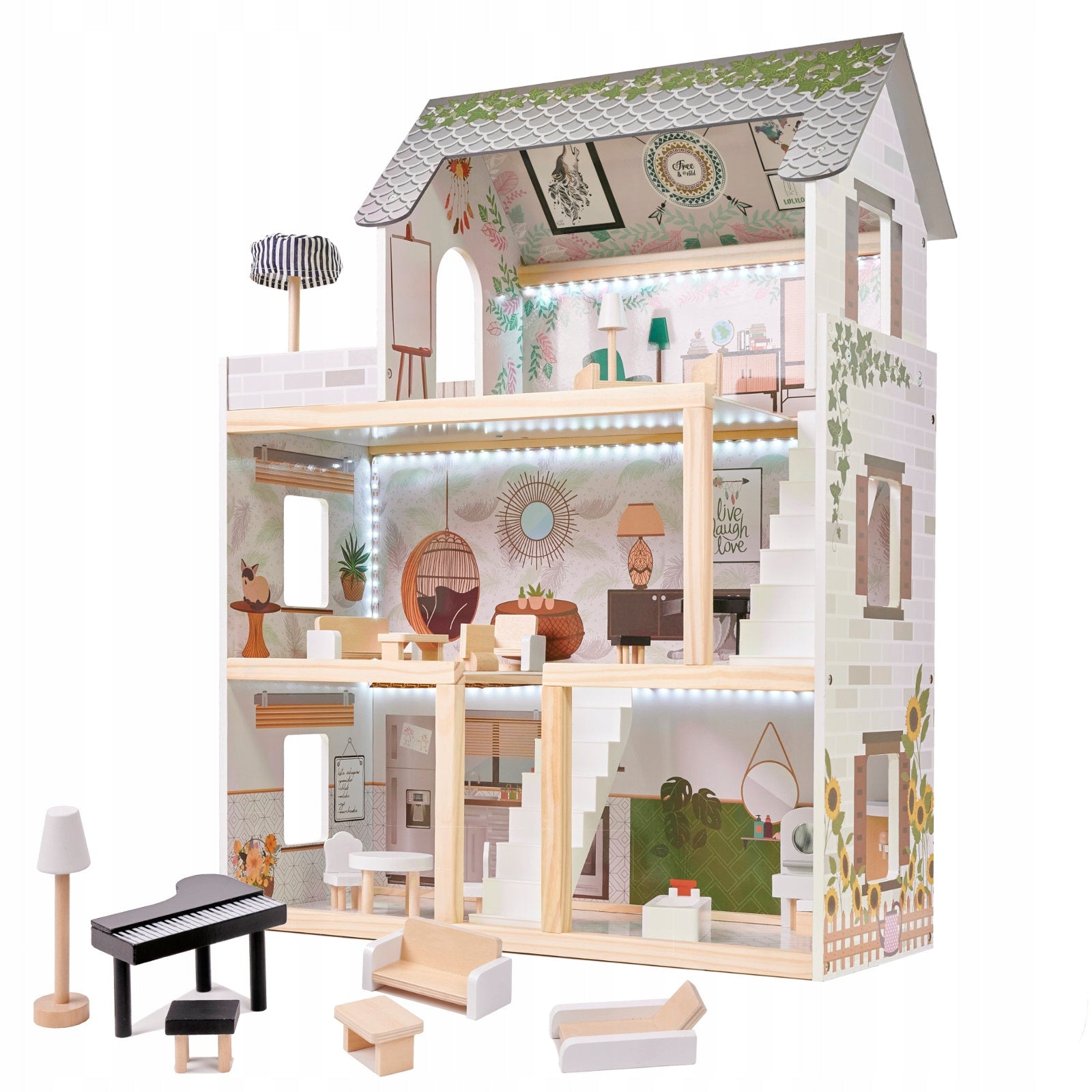 WOODEN BOHO DOLLHOUSE WITH LED LIGHTING – HIT Brand Lulilo