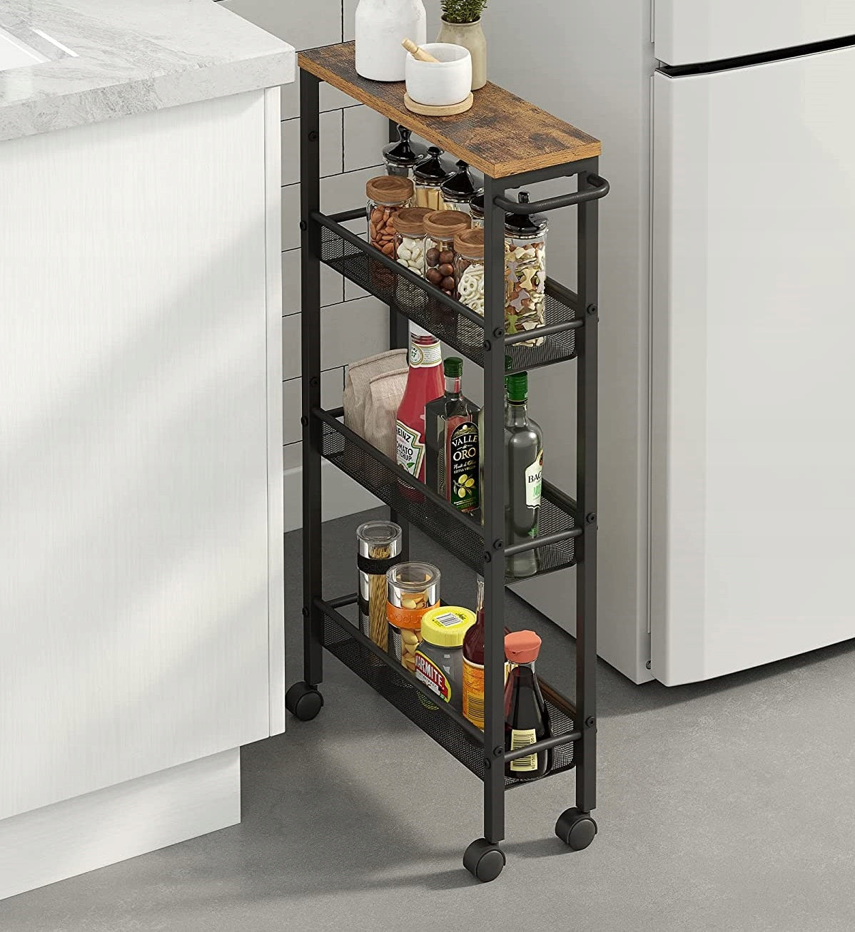 WOODEN BOOKCASE KITCHEN TROLLEY NARROW ON WHEELS SHELF METAL LOFT 4 LEVELS Brand Vasagle