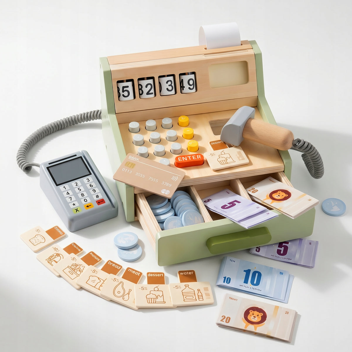 WOODEN CASH REGISTER FOR CHILDREN ACCESSORIES FUN IN THE STORE 35 EL. Manufacturer code SKLEPOWA EDUKACYJNA SOLIDNA ŁADNA