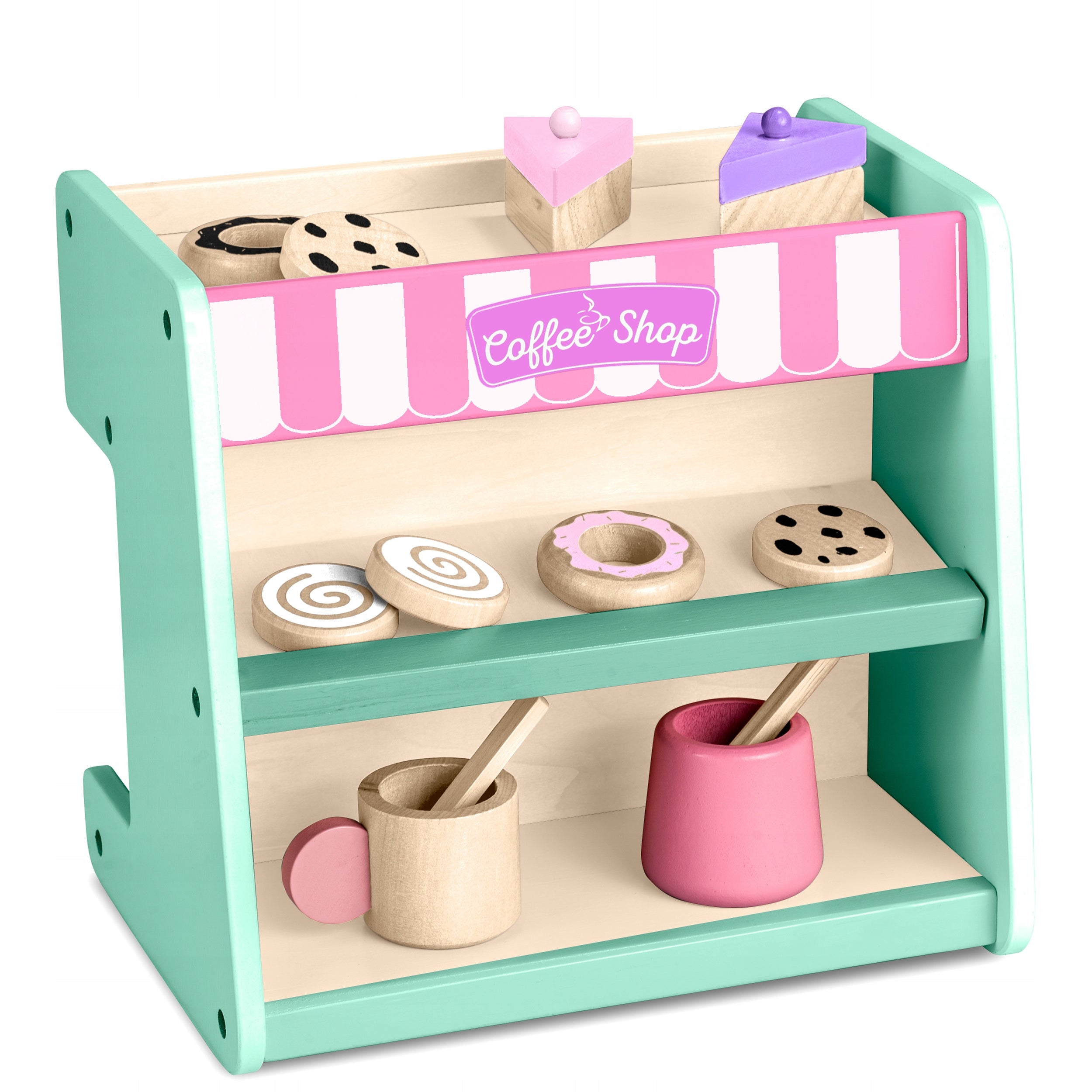 WOODEN COFFEE MAKER CAFE CONFECTIONERY CUPS TOY 2IN1 Packaging status original