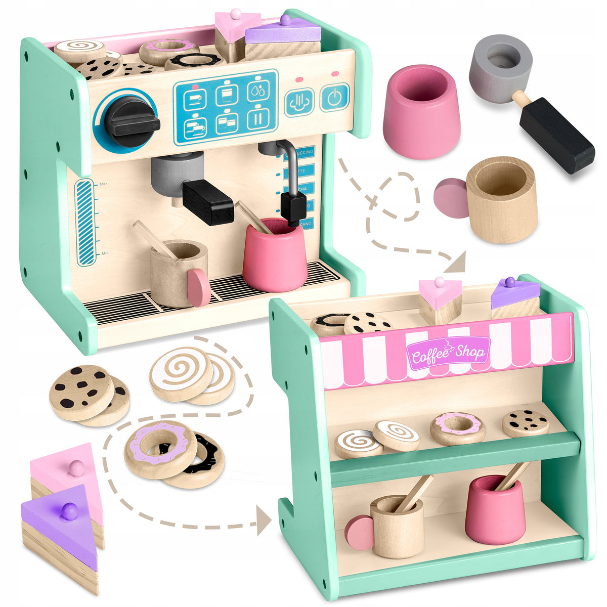 WOODEN COFFEE MAKER CAFE CONFECTIONERY CUPS TOY 2IN1