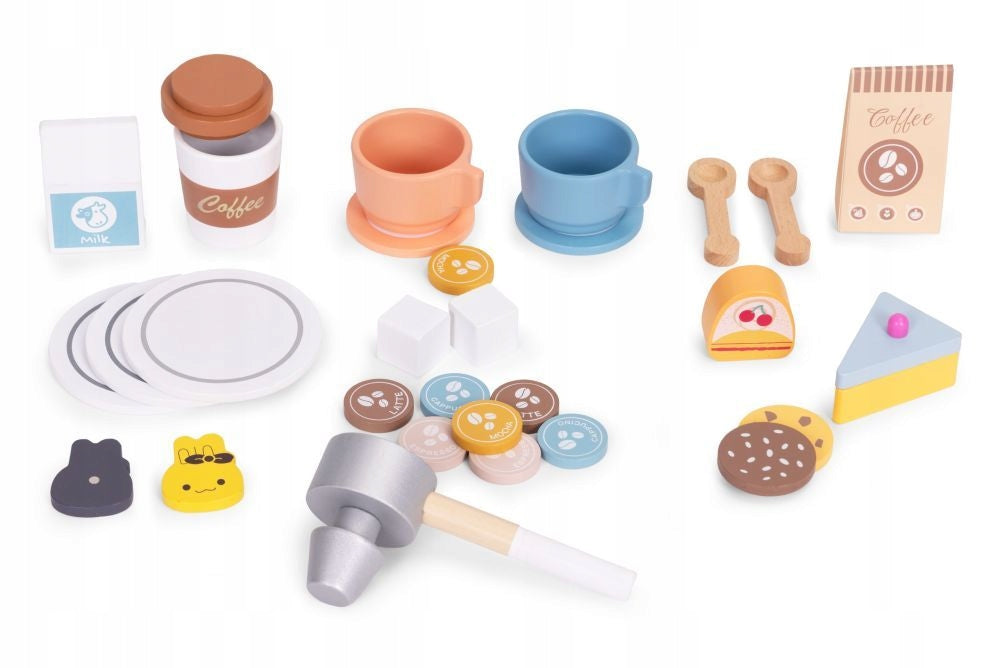 WOODEN COFFEE MAKER FOR CHILDREN LARGE SET CAFE FOR CHILDREN COFFEE Manufacturer code kawiarenka akcesoria do kawy dla dzieci