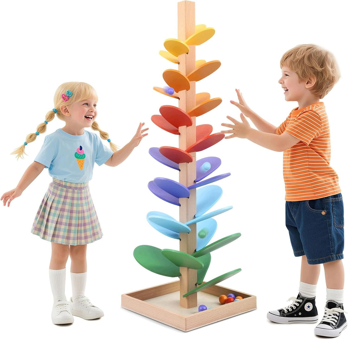 WOODEN COLORFUL BULLET TOWER MONTESSORI WITH 12 RAINBOW BALLS FOR KIDS