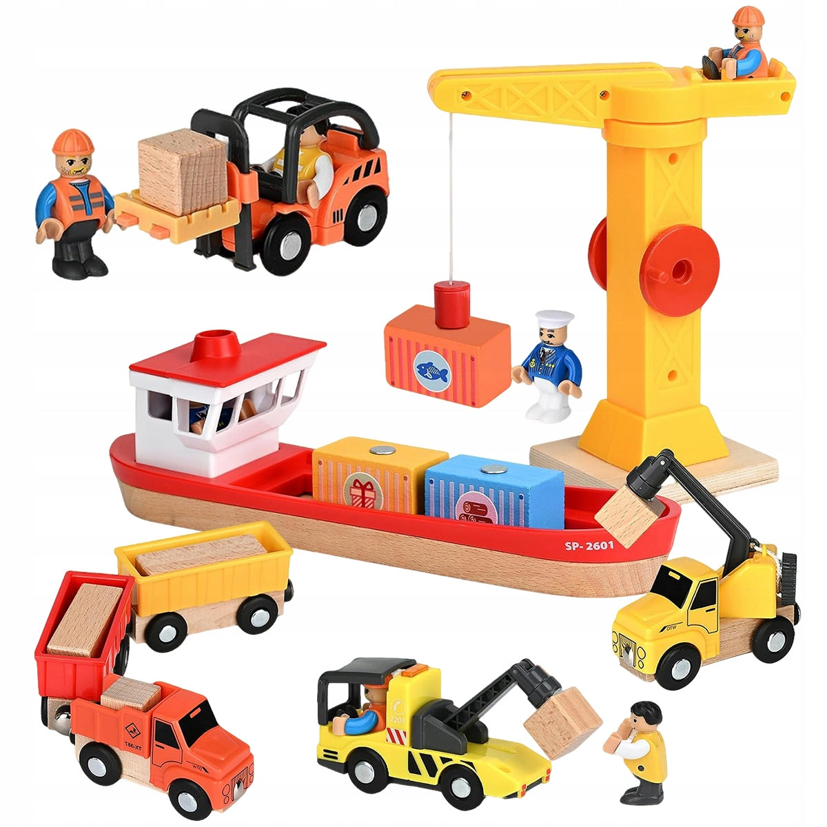 WOODEN CRANE MOVABLE CRANE SEA PORT TOY SHIP CAR + AKCESORIA