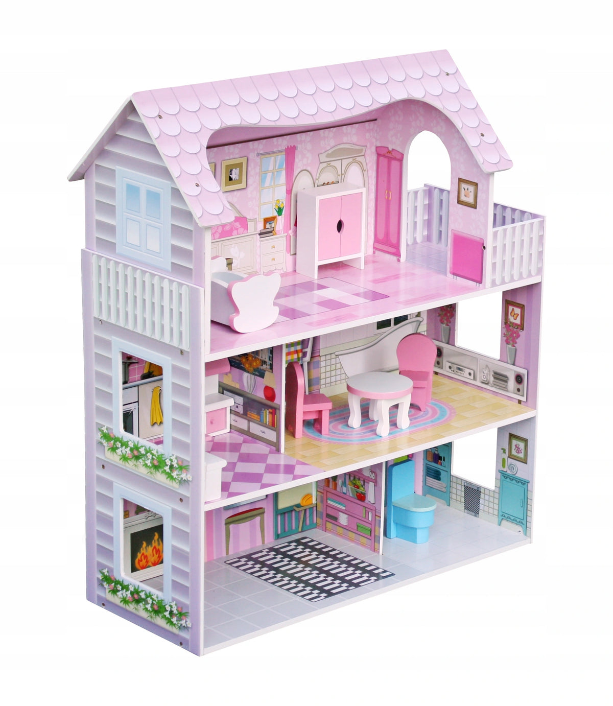 WOODEN DOLLHOUSE WITH TERRACE AND ACCESSORIES PINK 3-LEVEL GIFT Manufacturer code K14624