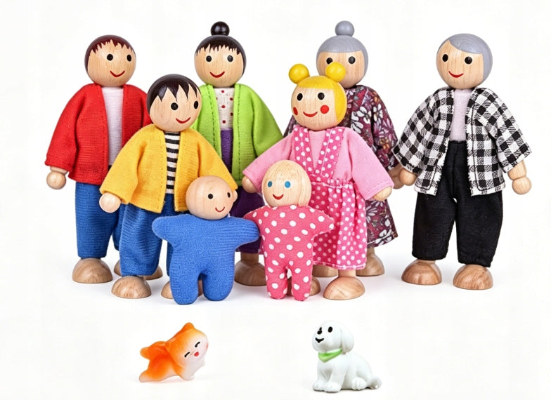 WOODEN DOLLS FAMILY SMALL DOLLS FOR COTTAGE SET OF 10 PIECES FOR CHILDREN