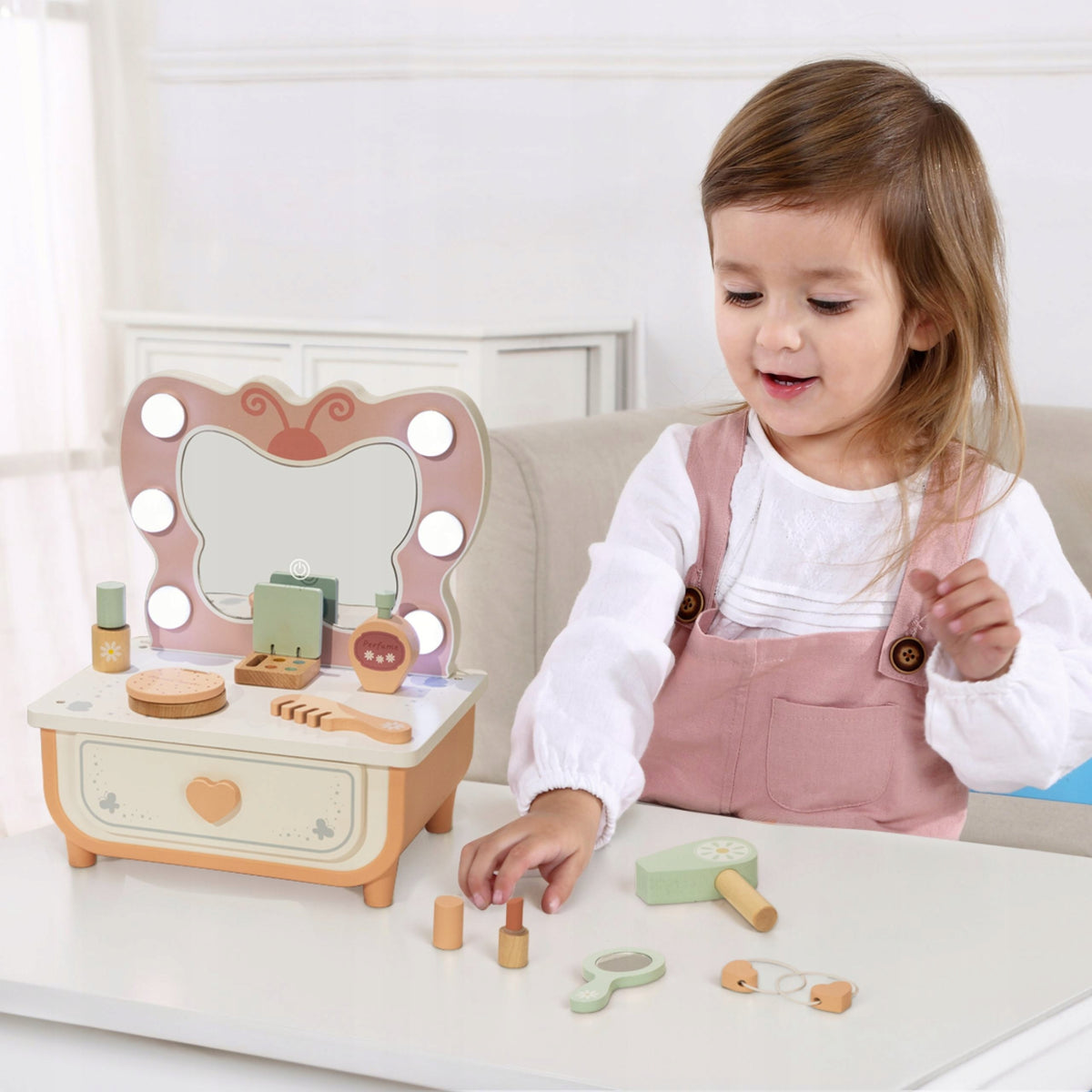 WOODEN DRESSING TABLE BUTTERFLY ACCESSORIES MIRROR LIGHT LED COSMETICS TOOKY TOY Brand Tooky Toy