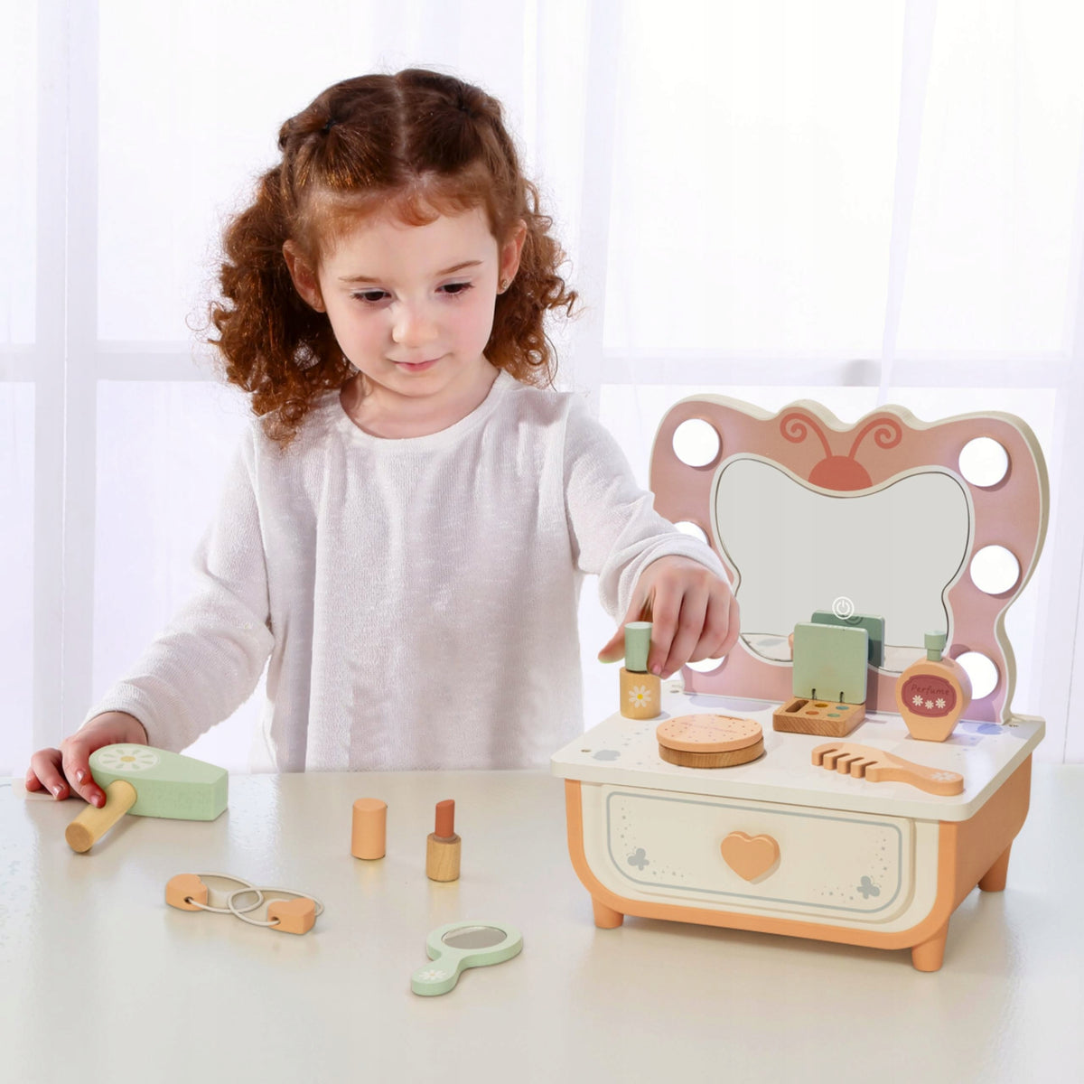 WOODEN DRESSING TABLE BUTTERFLY ACCESSORIES MIRROR LIGHT LED COSMETICS TOOKY TOY Manufacturer code TP528
