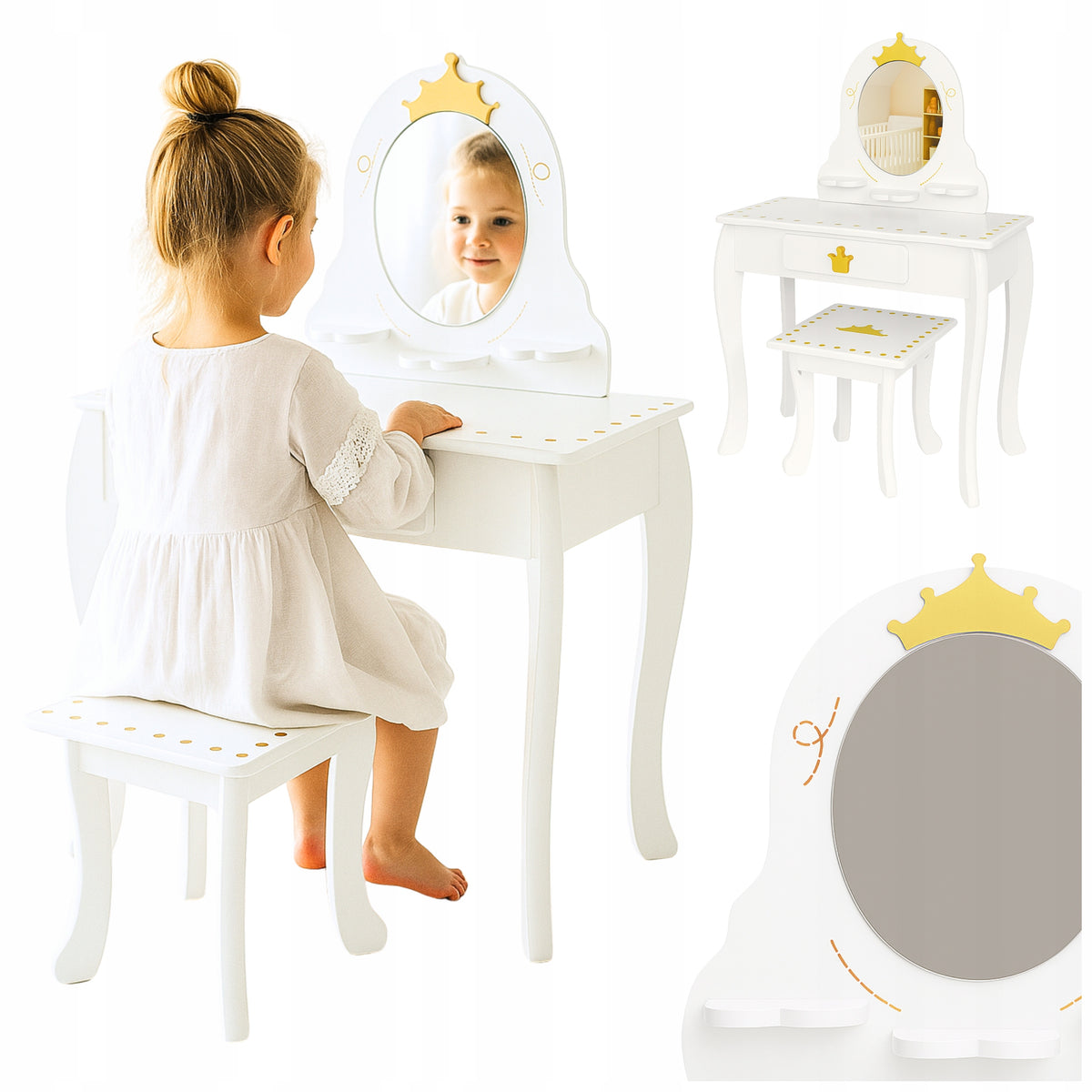 WOODEN DRESSING TABLE FOR GIRLS WITH MIRROR WHITE SHELVES White Dream