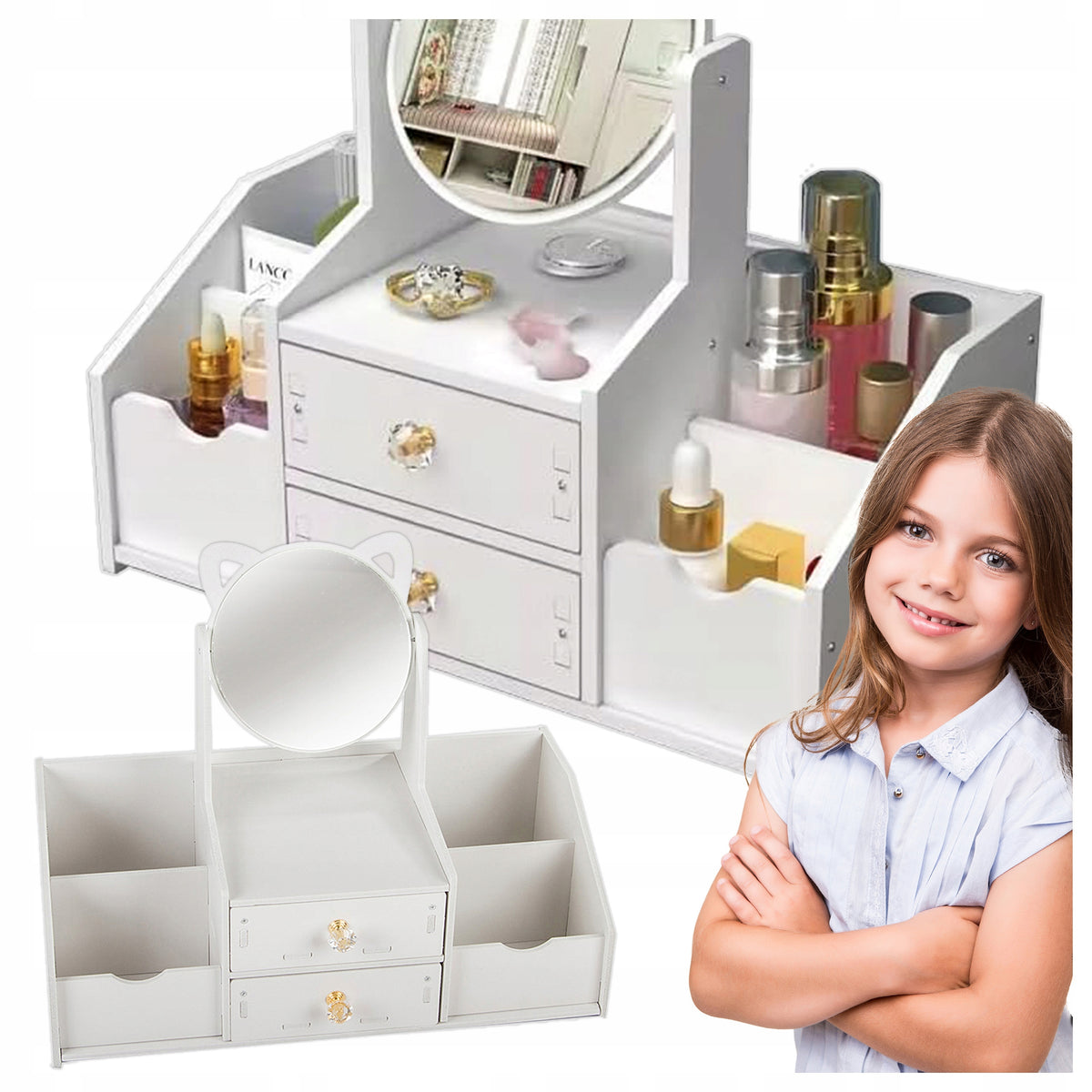 WOODEN DRESSING TABLE WITH EARS MIRROR ORGAIZER FOR DESK WHITE CHEST OF DRAWERS 3+ Brand Stator