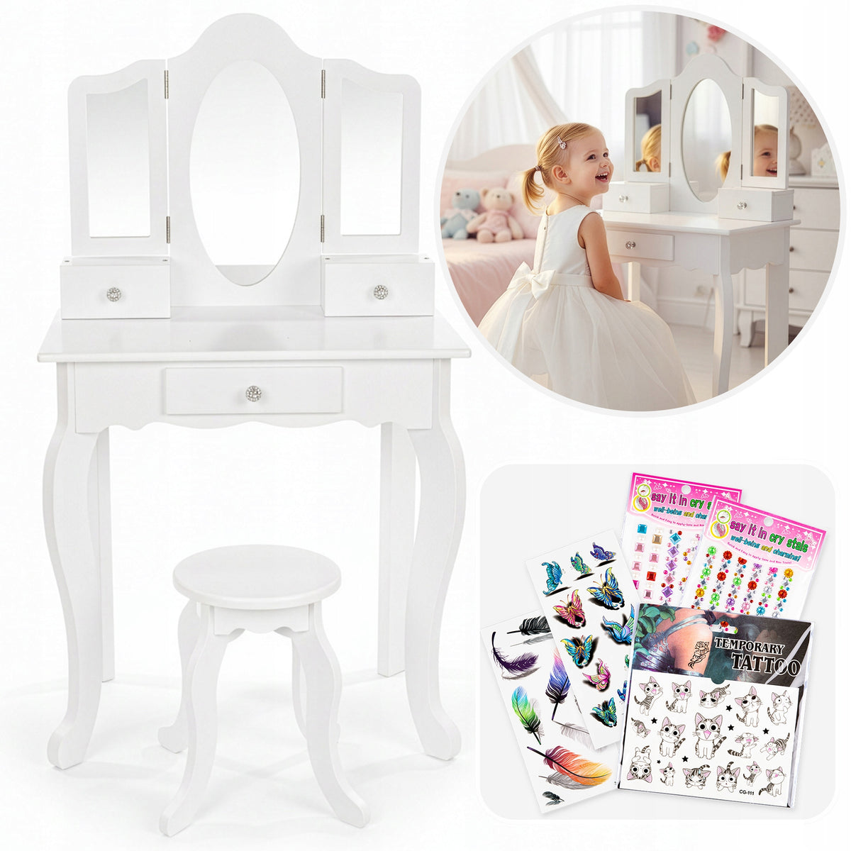 WOODEN DRESSING TABLE WITH MIRROR FOR CHILDREN STOOL CHAIR ACCESSORIES STICKERS Packaging status original