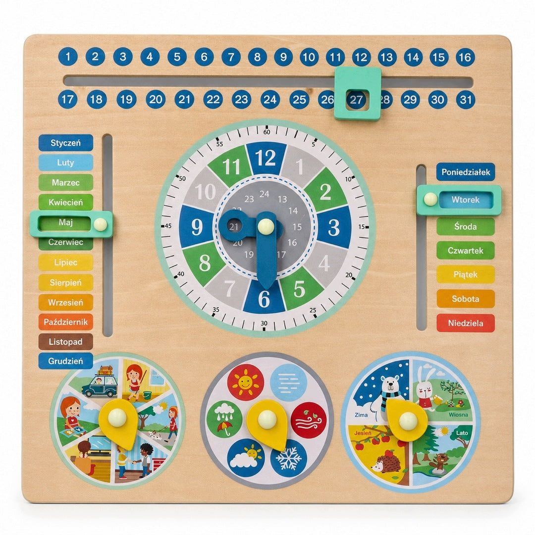 WOODEN EDUCATIONAL CALENDAR WITH CLOCK Polish FOR CHILDREN 3+ LEARNING TIME Brand no brand