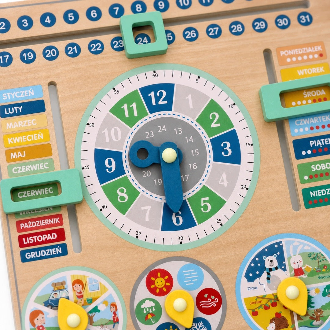 WOODEN EDUCATIONAL CALENDAR WITH CLOCK Polish FOR CHILDREN 3+ LEARNING TIME Product width 42.5 cm