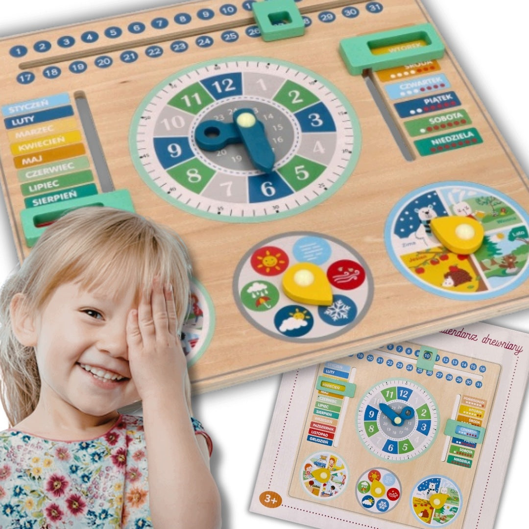WOODEN EDUCATIONAL CALENDAR WITH CLOCK Polish FOR CHILDREN 3+ LEARNING TIME