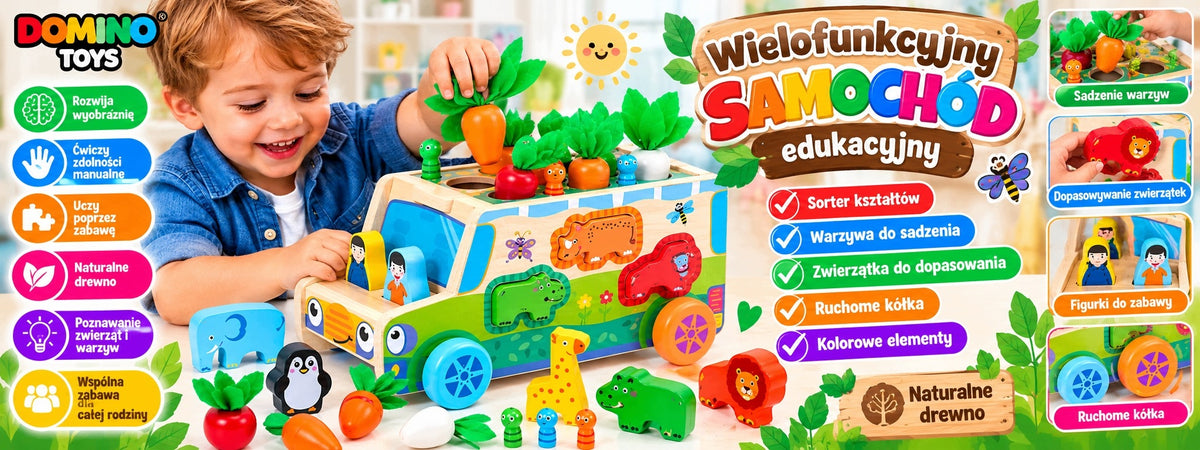 WOODEN EDUCATIONAL CAR SORTER MONTESSORI VEGETABLES ANIMALS 3+ Packaging status original