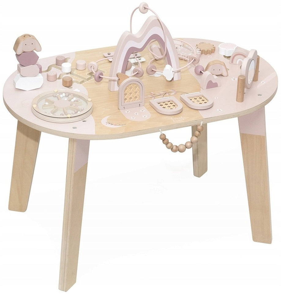 WOODEN EDUCATIONAL TABLE FOR A CHILD WITH VARIOUS ACTIVITIES LABEL LABEL
