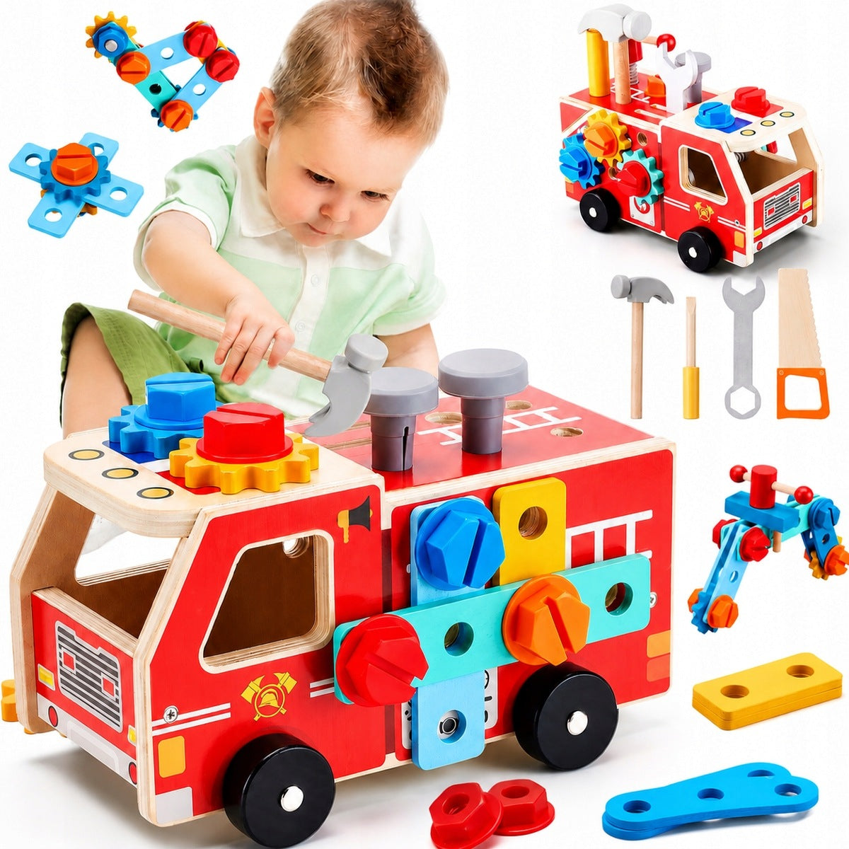 WOODEN FIRE TRUCK SUITCASE WITH TOOLS FOR CHILDREN DIY