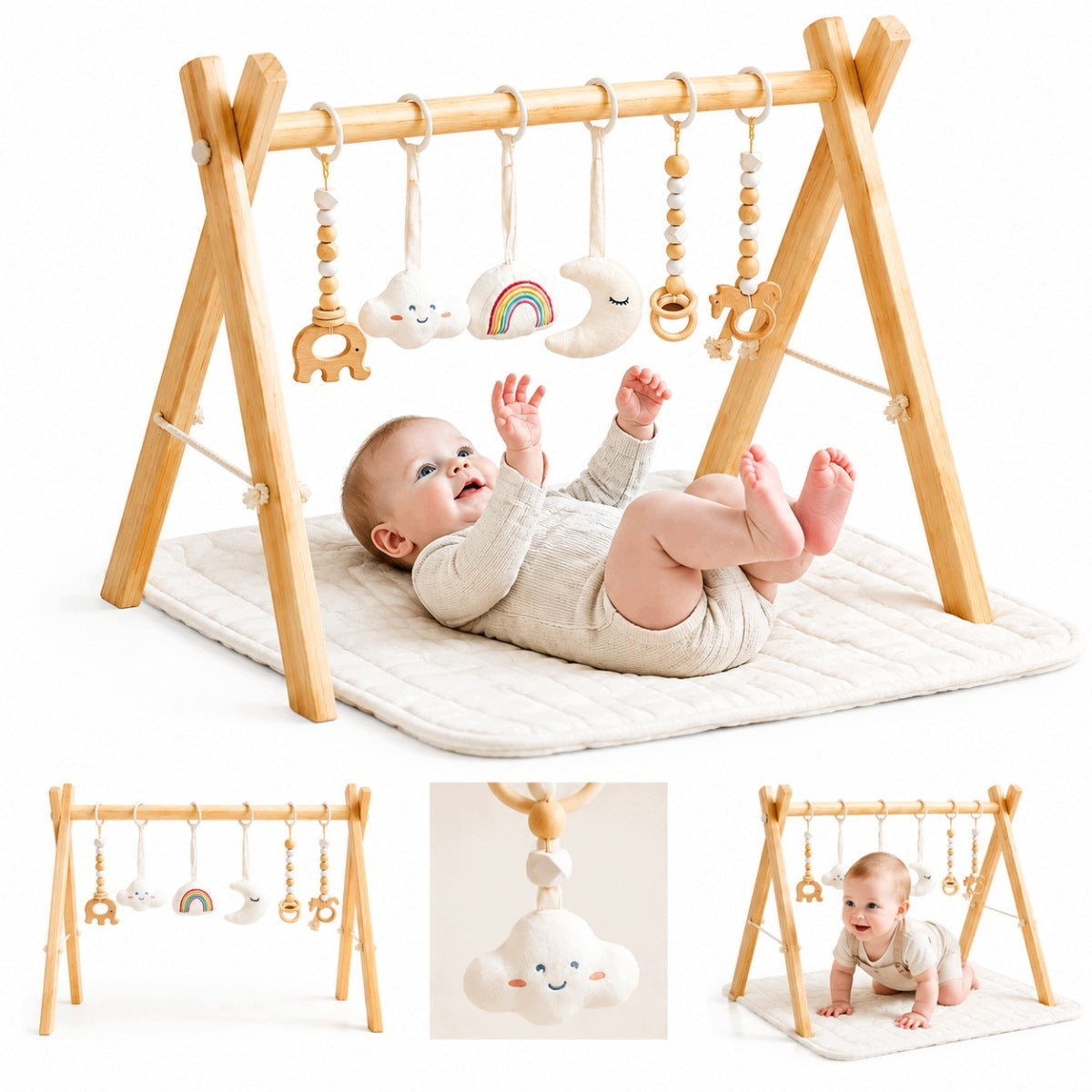 WOODEN FOLDING GYMNASTIC GATE 0-18 MONTHS 6 COLORFUL TOYS