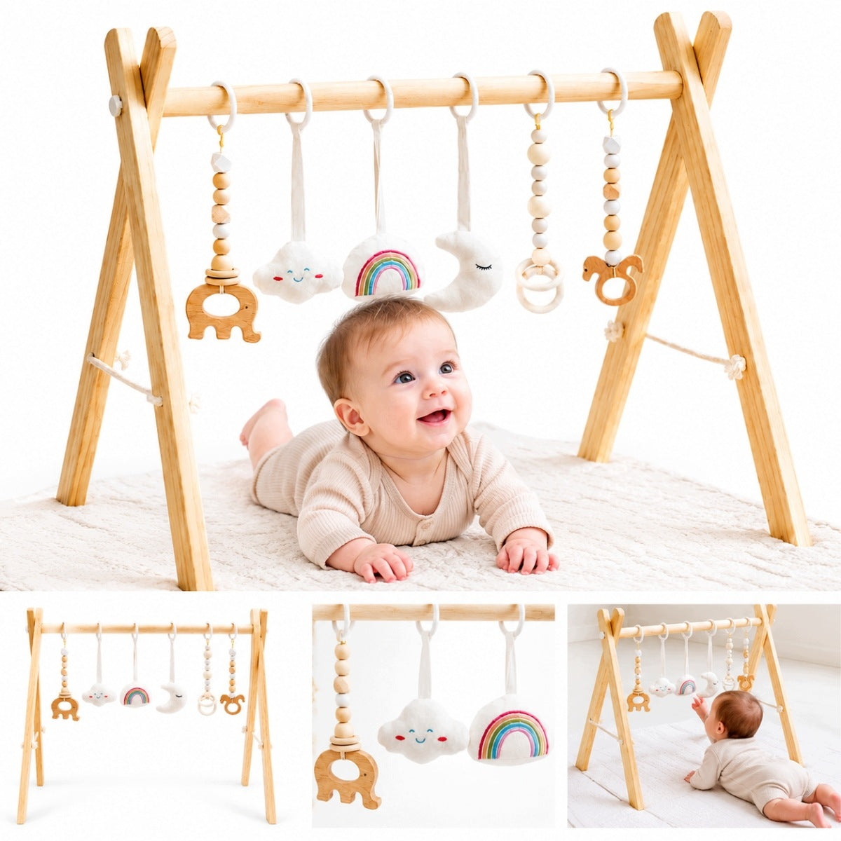 WOODEN GYMNASTIC FRAME FOR NEWBORN FOLDING 6 INTERCHANGEABLE TOYS