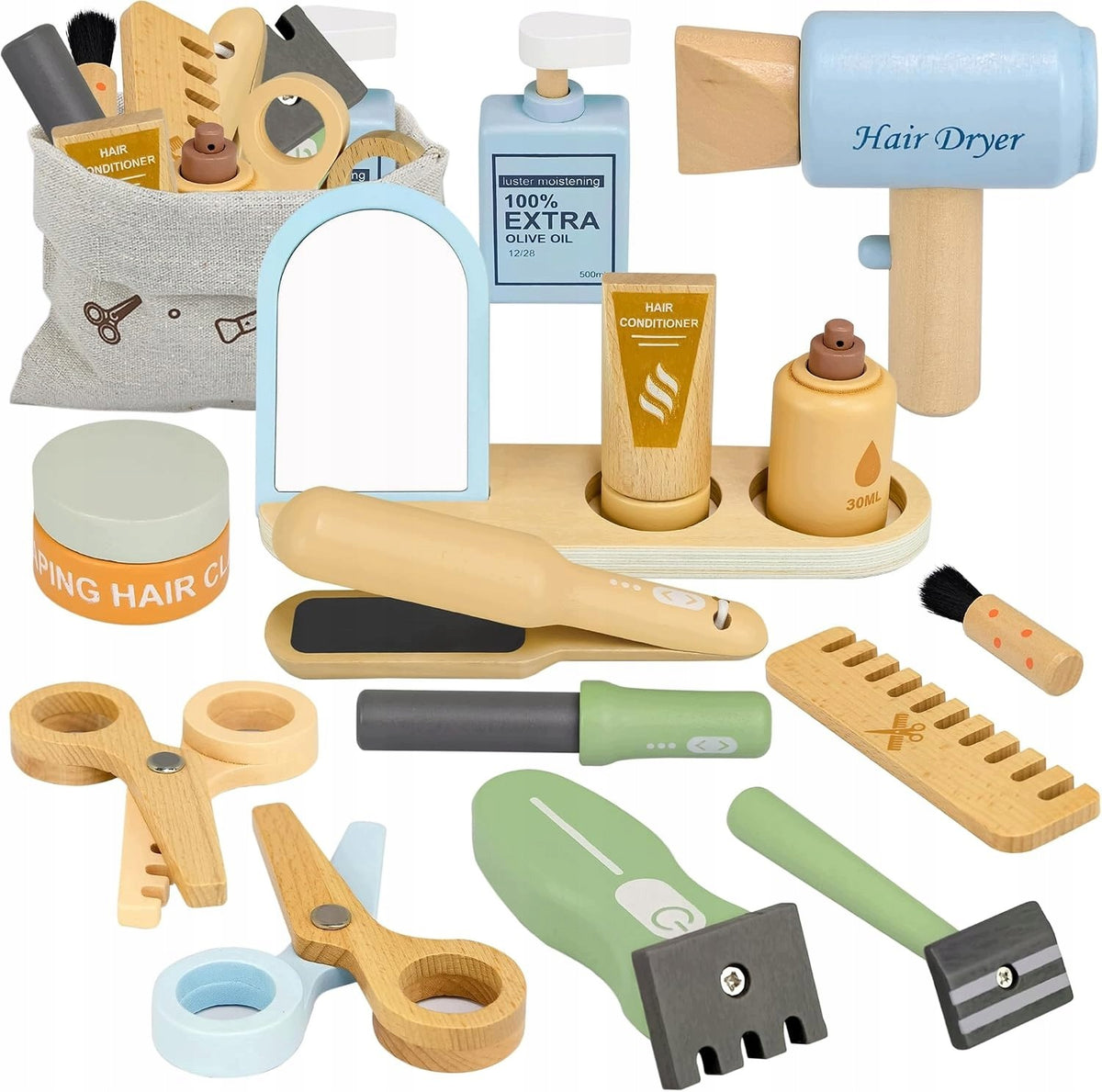 WOODEN HAIRDRESSER SET FOR CHILDREN DRYER MIRROR GIFT TOY