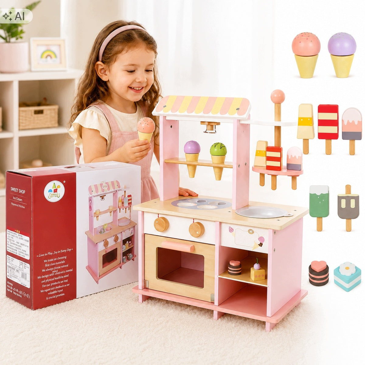 WOODEN ICE CREAM PARLOR FOR CHILDREN SHOP KITCHEN ICE CREAM ACCESSORIES GIFT 3+ Manufacturer code LODZIARNIA DLA DZIECI