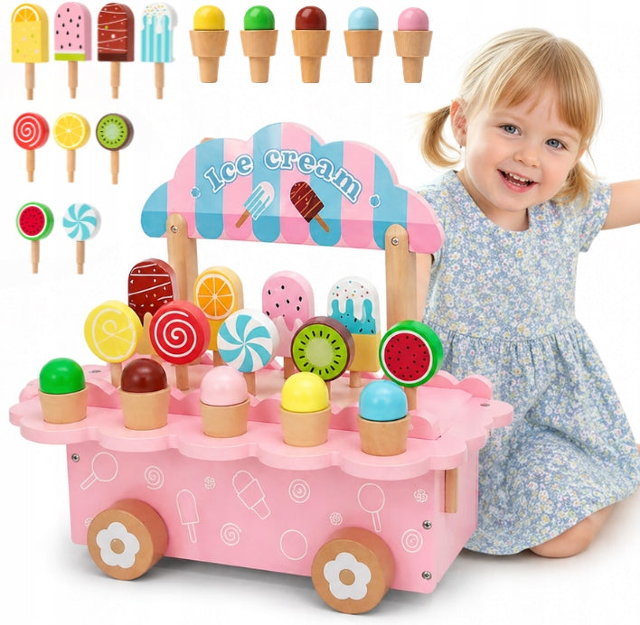 WOODEN ICE CREAM SHOP TOY STROLLER ICE CREAM SET GIFT SHOP