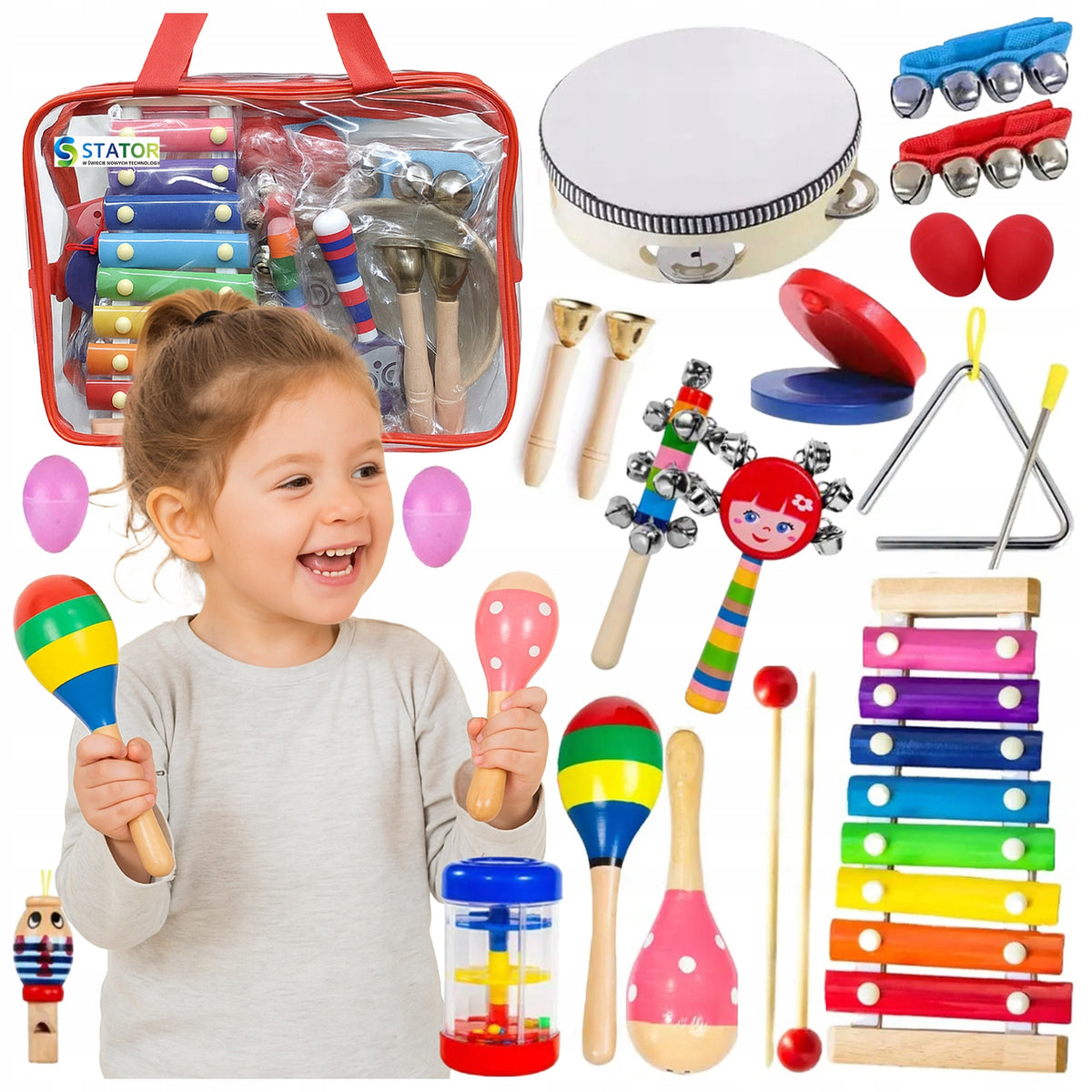 WOODEN INSTRUMENTS for Children Set of Instruments Cymbals Tambourine 18el
