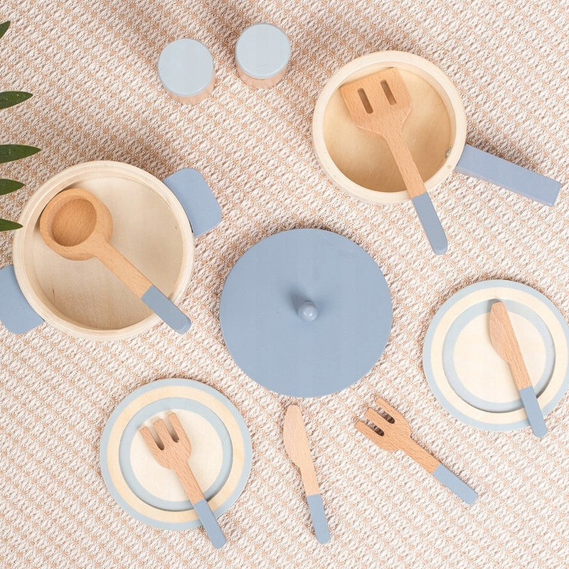WOODEN KITCHEN ACCESSORIES POTS DISHES PLATES SET FOR CHILDREN Kid's age 3+ years