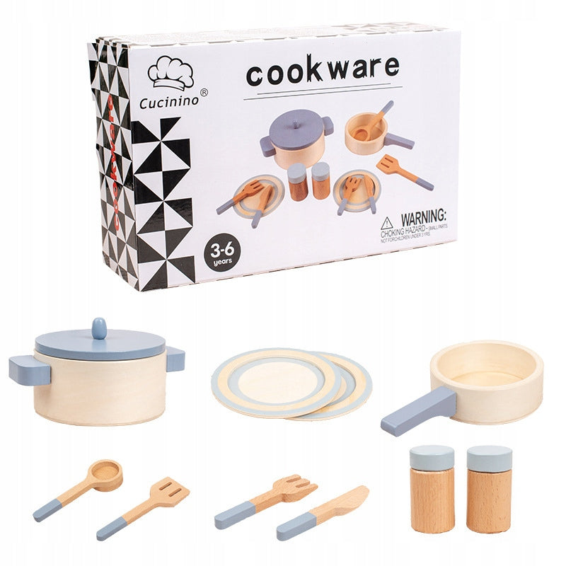 WOODEN KITCHEN ACCESSORIES POTS DISHES PLATES SET FOR CHILDREN