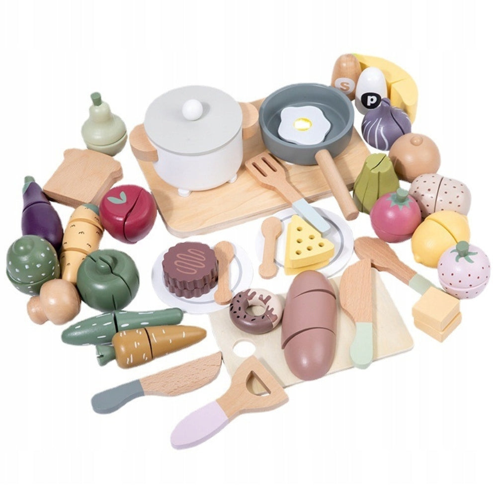 WOODEN KITCHEN ACCESSORIES VEGETABLES AND FRUITS LARGE SET POTS PLATES Manufacturer code RE-1070