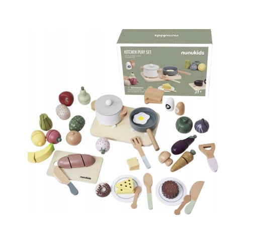 WOODEN KITCHEN ACCESSORIES VEGETABLES AND FRUITS LARGE SET POTS PLATES